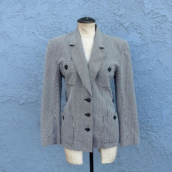 80s Calvin Klein Blazer Small Black and white plaid checkered Fitted Jacket - Picture 3 of 10